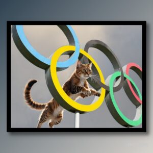 Cat jumping through one of the olympic rings