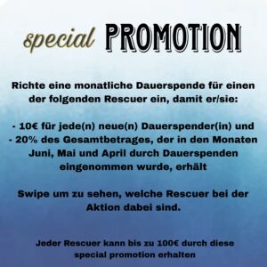 In our first special promotion, we added extra money fr monthly donations for selected Rescuers.  ( Rescuers were chosen in June and in total 157€ paid out from us.